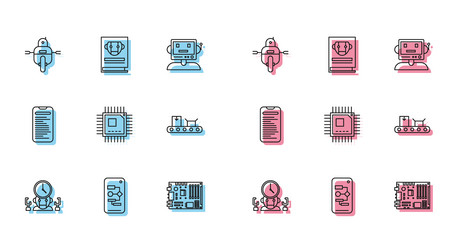 set line robot and digital time manager processor vector image