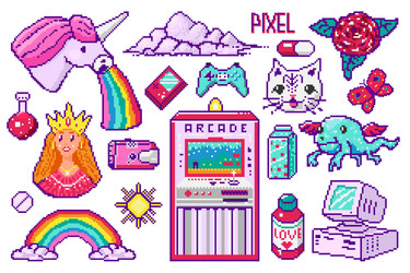 Pixel art 8 bit objects retro digital game assets vector