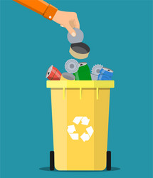man hand throws garbage into a metal container vector image