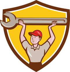 mechanic lifting wrench crest cartoon Vector Image