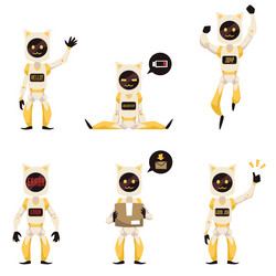 robot kitten mascots with sayings on display flat vector