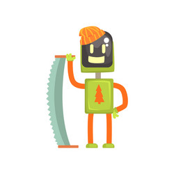 robot lumberjack character android with saw vector