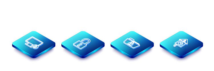 set isometric line lock on monitor open padlock vector image