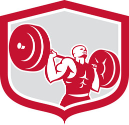 Weightlifter lifting barbell shield retro vector