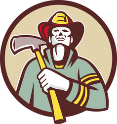 fireman firefighter holding fire axe circle retro Vector Image