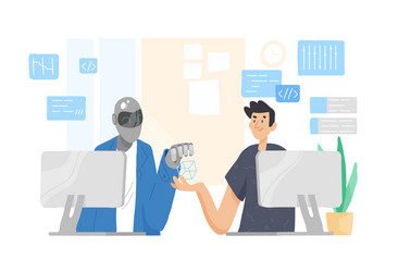 Robot and Man Collaborating at Computers vector image