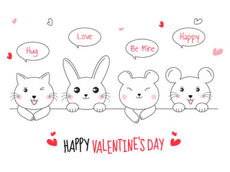 Line art cute cartoon cat rabbit bear rat vector