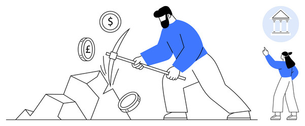 man mining currency coins from rocks with pickaxe vector image