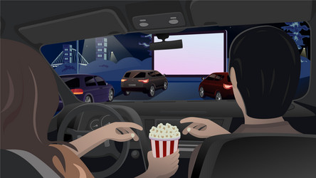 man and woman are eating popcorn in car movie vector