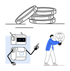 robot pointing coins stack person holding bulb vector image