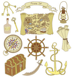 set with pirate theme objects vector