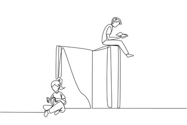 Single one line drawing man woman sitting reading Vector Image