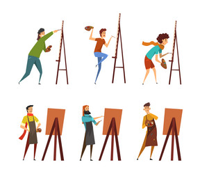 Man artist painting on canvas with drawing easel vector