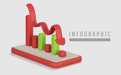 3d mobile phone with down graph in cartoon style vector image