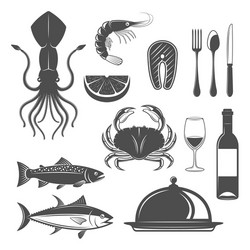 seafood monochrome objects set vector