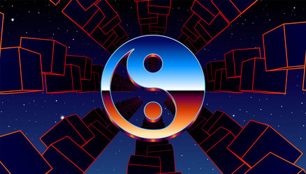synthwave frame with chrome yin yang sign and 80s vector image