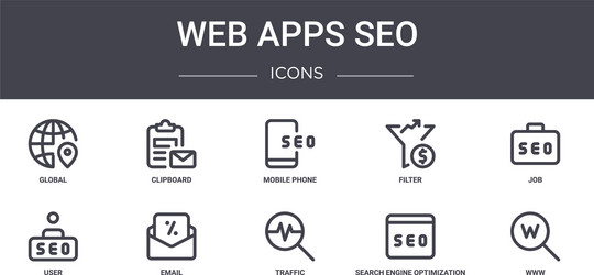 web apps seo concept line icons set contains vector image