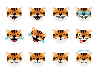 Cheerful joyful tigers heads with emoticons vector