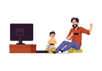 Father and son playing video games together flat vector