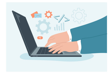 side view of businessman hands using open laptop vector image