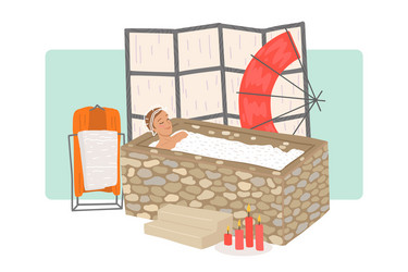 Man in a shower cap takes salt bath spa vector