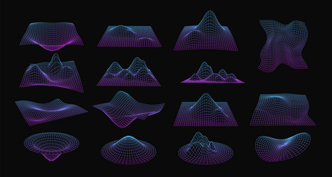 set of wireframe curved perspective grid shapes vector image