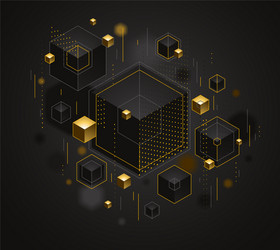 cubes cluster with golden elements lines and dots vector image