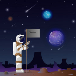 An astronaut on a distant planet sets flag vector