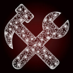 bright net mesh hammer and wrench with light spots vector image