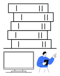 man with tablet in front of monitor and stack vector image