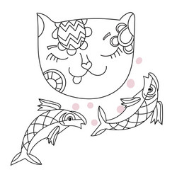 Doodle Cat with Fish Ornament Vector Image