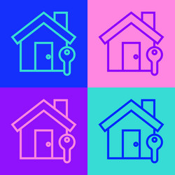 Pop art line house with key icon isolated on color vector