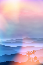 Background with palm tree and mountains in the fog vector