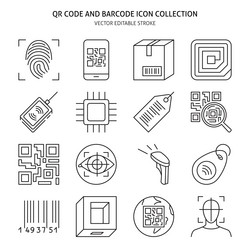 qr code and barcode icon set in thin line style vector image