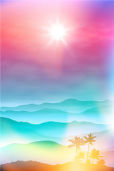 Background with palm tree and mountains in the fog vector