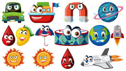 set of different toy objects with smiley faces vector image
