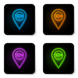 Glowing neon map pointer with 18 plus icon vector