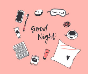 Hand drawn objects about sleep routines and text vector