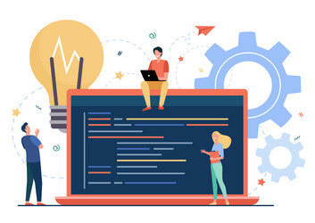 tiny programmers coding new project vector image