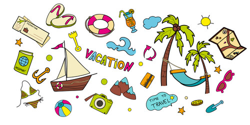 Beach theme doodle set seaside sport activities vector