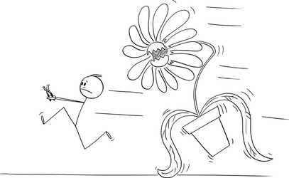 man or gardener running in panic big flower vector