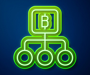 Glowing neon line blockchain technology bitcoin vector