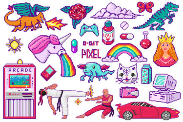 Pixel art 8 bit objects retro digital game assets vector