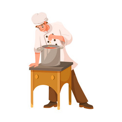 Man chef character in uniform taste soup Vector Image