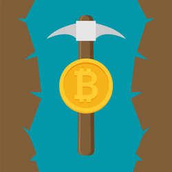 bitcoin mining concept with pickaxe and coin flat vector image