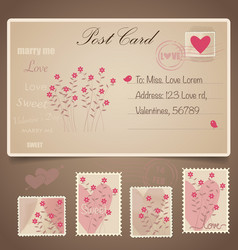 Vintage postcard background and postage stamps vector