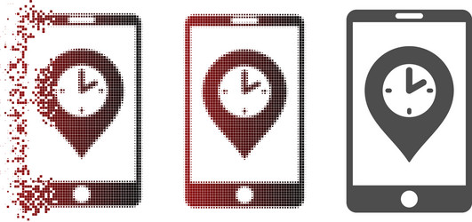 Broken pixel halftone mobile time pointer icon vector