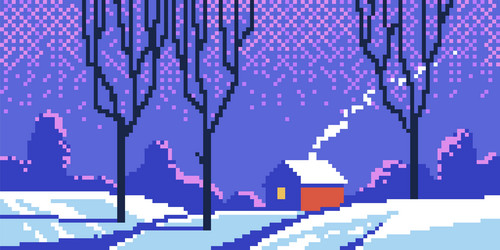 winter scenery with cabin pixel art cartoon vector