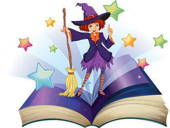 an open book with image of a witch holding vector