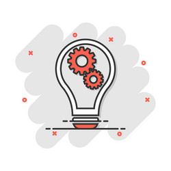 Cartoon light bulb with gear icon in comic style vector